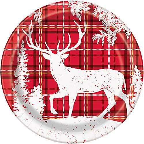 Plaid Deer Christmas Round Dinner Plates - 8 Pcs