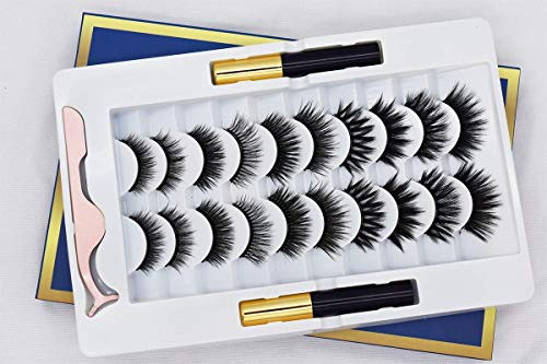 10 Pairs Magnetic Eyelashes with Eyeliner Kit, Fashion Magnetic Eyelashes with Eyeliner, False Lashes with Tweezers, Fluffy False Eyelashes Natural Look Faux Mink Strip Lashes Silk Eyelashes