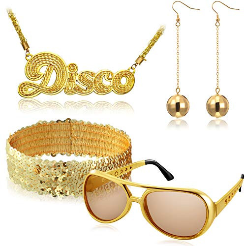 5 Pieces Disco Costume Accessory Set Include 1 Pair of Rock Disco Sunglasses, 2 Pieces Ball Earrings, Glitter Sequin Headband and Disco Sign Necklace for 50s, 60s and 70s Costume Accessories