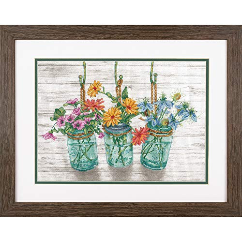 Dimensions 70-35378 Flowers in Mason Jars Cross Stitch Kit, 14 Count White Aida Cloth, 14" x 10"