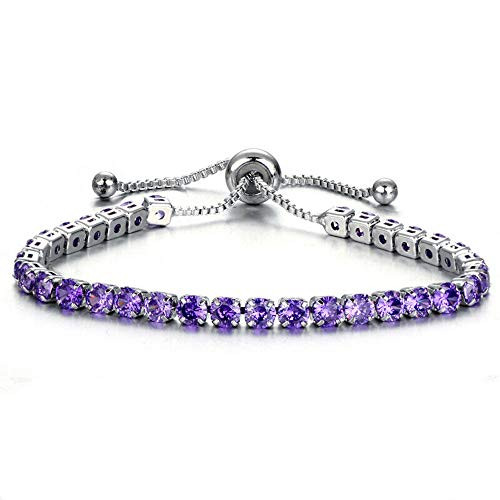 CiNily Adjustable Chain Bracelets for Women Girls Purple Cubic Zirconia 14K White Gold Plated Tennis Bracelets Ladies Bolo Bracelet Luxury Shining Jewelry Gift