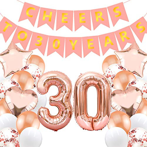 30th Anniversary Decorations Rose Gold Cheers to 30 Years Theme Party Banner 30s Number Foil Balloons, Star, Heart Balloons, Confetti Latex Balloons Thirty Birthday Wedding Party Decor Supplies
