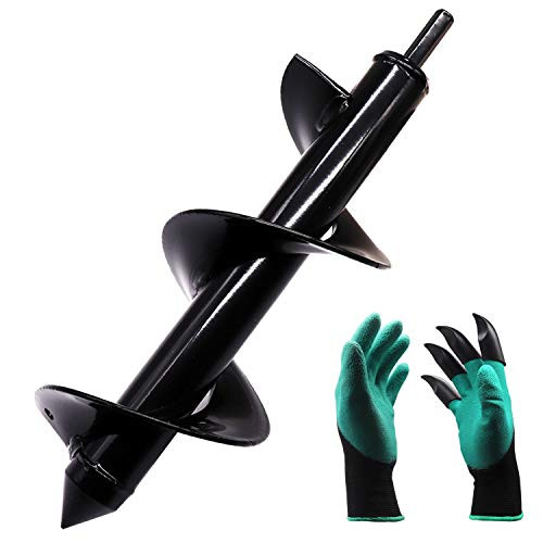Auger Drill Bit, Garden Plant Flower Bulb Auger 3" x 10" Rapid Planter with Garden Genie Gloves, Earth Auger Bit, Fence Post or Umbrella Hole Digger Drill Bit