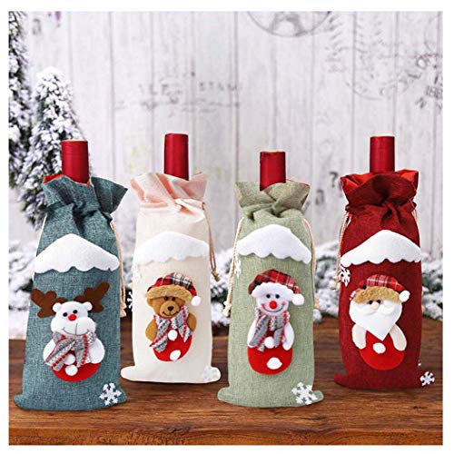 Yokawe 4pcs Christmas Wine Bottle Cover Santa Snowman Reindeer Wine Bottle Covers linen Bottle Bags with Drawstring for Holiday Home Christmas Party Decorations Gift