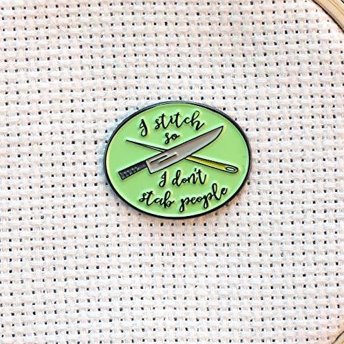 I Stitch So I Don't Stab People Enamel Needle Minder: Knife  and  Needle