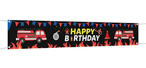Large Fire Truck Theme Happy Birthday Banner, Fireman Birthday Party Supplies Decorations for Both Outdoor Indoor, Firefighter Bday Backdrop Banner for Party Decoration (9.8 x 1.6ft)