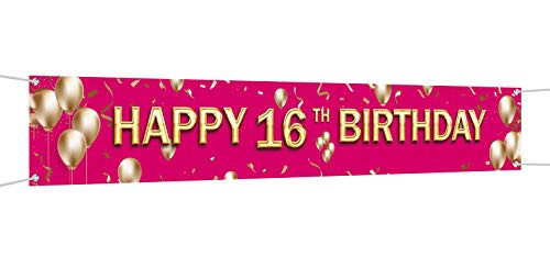 Large 16th Birthday Party Banner, 16th Birthday Party Supplies Decorations for Both Outdoor Indoor (9.8 x 1.6ft) (Pink)