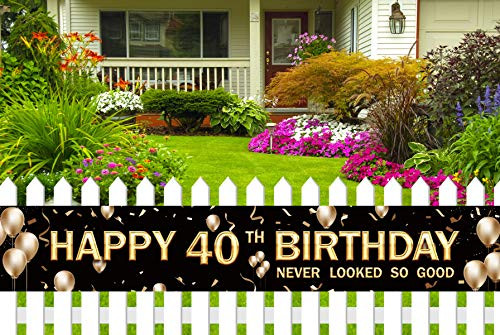 Large 40th Birthday Party Banner, 40th Birthday Party Supplies Decorations for Both Outdoor Indoor (9.8 x 1.6ft) (Black)