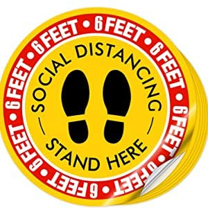 20pcs Social Distancing Floor Decals Stickers, Safety Floor Sign Marker, Stand Here 6 Feet with Footprints Round Distance Sign, Non-Slip Removable Waterproof for Grocery, Pharmacy, Supermarket