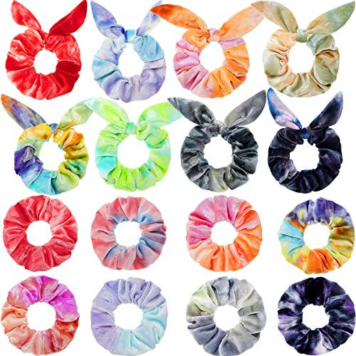 16 Pieces Tie Dye Hair Scrunchies Tie Dye Bunny Ear Bow Scrunchies Gradient Color Hair Scrunchies Soft Elastic Hair Bands Scrunchy Hair Ties Ropes Ponytail Holders for Women Girl Hair Accessories