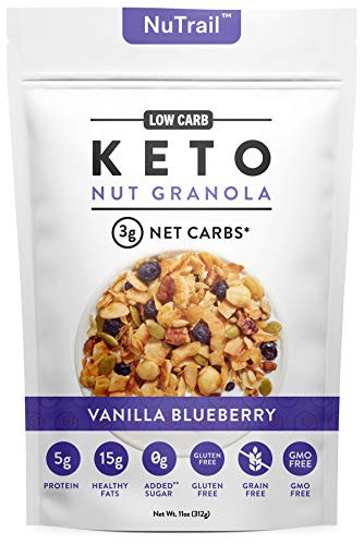 NuTrail - Keto Vanilla Blueberry Nut Granola Healthy Breakfast Cereal - Low Carb Snacks  and  Food - 3g Net Carbs - Gluten Free, Grain Free - Almonds, Pecans, Coconut, hazelnuts (1 Count)