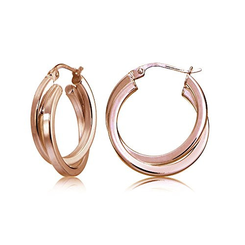 Rose Gold Flash Sterling Silver Square-Tube Double Twisted 15mm Round Hoop Earrings