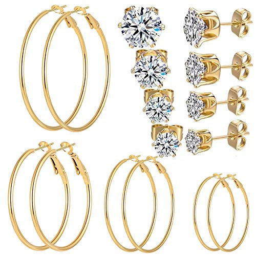 8 Pairs Stainless Steel Stud Earrings Hoop Earrings Set for Women Girls, Gold Plated Hypoallergenic Hoops Women's Earrings Loop Earrings 3-6mm Studs Earrings Cubic Zirconia CZ Earrings