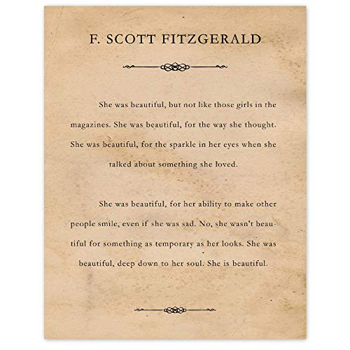 F Scott Fitzgerald She Was Beautiful 11x14 Unframed Typography Book Page Poster Print, Great Wall Art Book Quotes Decor Gifts Under 15 for Home, Office, Garage, Library, Student, Teacher, Fan