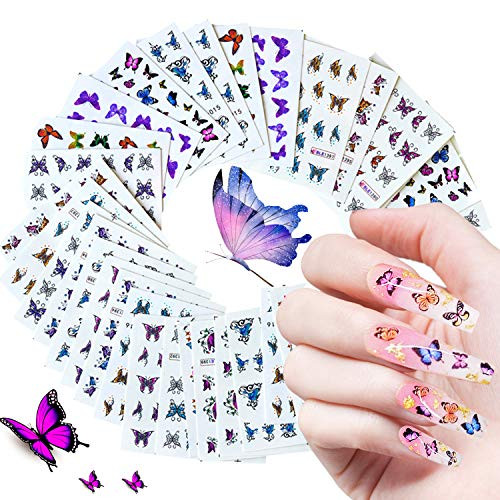 JOYJULY 30 Sheets Butterfly Nail Art Stickers Water Transfer Decals Manicure DIY Nail Decals Colorful Butterflies for Nails Art Design Butterfly Nail Art Foil Sticker Decorations kit