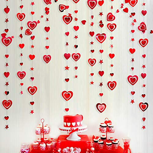 40 Ft Red 3D Heart Star Garlands Double Sided Metallic Paper Hanging Streamers for Anniversary Mother 's Day Engagement Wedding Bridal Shower Bachelorette Birthday Valentine's Day Party Decorations