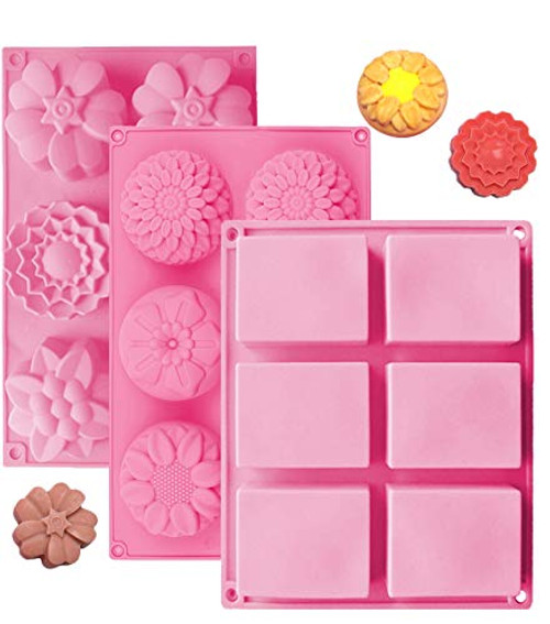 OBSGUMU 3 Pack Silicone Soap Molds,6 Cavities Silicone Baking Mold,Rectangle and Different Flower Shapes, Perfect for Soap Making, Handmade Cake Chocolate Biscuit, Pudding. BPA Free (Pink)