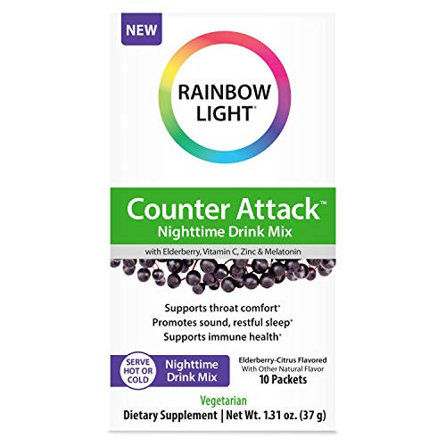 Rainbow Light Counter Attack Nighttime Immune Support Drink Mix with Elderberry, Vitamin C, Zinc, Magnolia and Melatonin in Elderberry-Citrus Flavor, 10 Packets