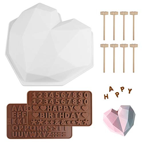 Silicone Mold for Chocolate - Diamond Heart Mousse Cake Mold Silicone Letter Mold and Number Chocolate Mold with 8 Pieces Mini Wooden Hammer for Home Kitchen DIY Baking Tool Silicone Mold for Chocolate - Diamond Heart Mousse Cake Mold Silicone Letter Mold and Number Chocolate Mold with 8 Pieces Mini Wooden Hammer for Home Kitchen DIY Baking Tool