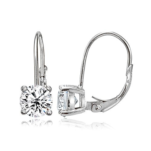 Sterling Silver Created White Sapphire 6mm Round Leverback Earrings