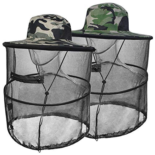 Mosquito Head Net Hat,Sun Hats with Removable Net Mesh Mask(2 Pack, Camouflage)