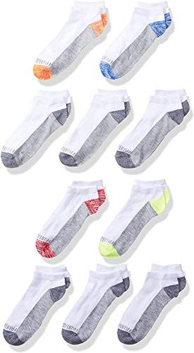 Fruit of the Loom Boys' Big 10-Pair Flat Knit No Show Socks, White/Grey, Large (Shoe Size: 3-9)