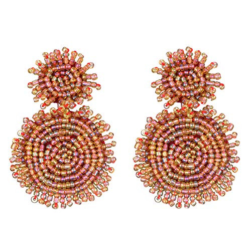 Bonnie Bead Statement Round Disc Dangle Earring Seed Beaded Stud Tassel Circle Hoop Drop Earrings for Women Girl (Colorful)