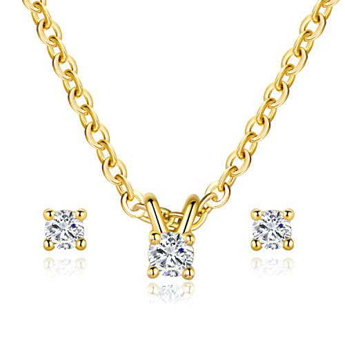 Simple Necklace and Earring Jewelry Set for Women and Girls, 18K Gold Plated Halo Cubic Zirconia Round Cut Stud Earring and Pendant Choker (Gold) Simple Necklace and Earring Jewelry Set for Women and Girls, 18K Gold Plated Halo Cubic Zirconia Round Cut Stud Earring and Pendant Choker (Gold)
