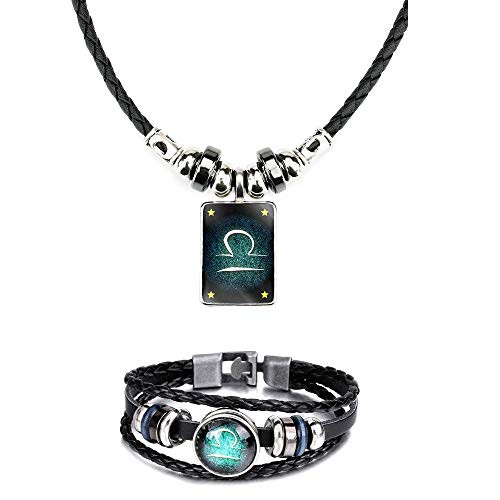 WLLAY Retro 12 Constellations Beaded Hand Woven Leather Bracelet and Rectangle Pendant Necklace Zodiac Sign Jewelry Set (Libra) WLLAY Retro 12 Constellations Beaded Hand Woven Leather Bracelet and Rectangle Pendant Necklace Zodiac Sign Jewelry Set (Libra)