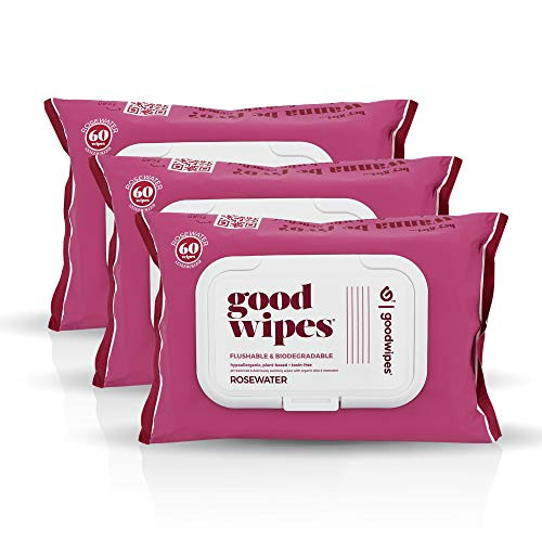 Goodwipes Flushable  and  Biodegradable Wipes with Botanicals, Dispenser for at-Home Use, Natural Rosewater with Aloe, Septic and Sewer Safe  and  Never Dries Out, 180 Count (3 Packs of 60)