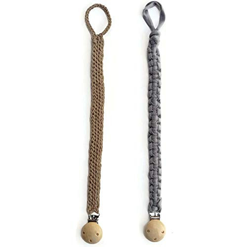 Pacifier Clip for Boys and Girls, Baby Holder Leash, Baby and Toddler Pacifier Wooden Clips, Baby Teether Toy, Handmade Pacifier Clips 2 Pack (Grey  and  Brown)