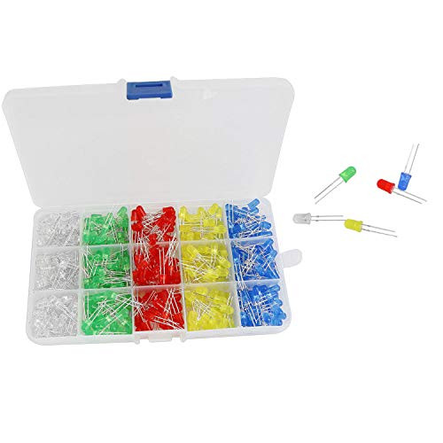 Longdex 5mm Light-Emitting Diode 500PCS 5Colors Round Light Emitting Diode Circuit Assorted Kit for Science Project Experiment White/Red/Yellow/Green/Blue