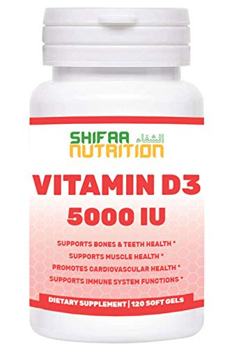 Halal Vitamin D3 5000 IU Softgels, 120 Servings - Supports Structure, Bones, Teeth, Cardiovascular Health, Muscles  and  Immune Functions - POTENT, GLUTEN FREE, NON-GMO - Halal Vitamins - SHIFAA NUTRITION
