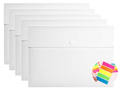5 PCS Plastic Envelope Poly File Folder, with 125 PCS Colour Notes Stickers Folder Pockets File Jacket Plastic Envelope Flat Document Letter Organizer with Snap Button Closure A4 Letter Size (White)