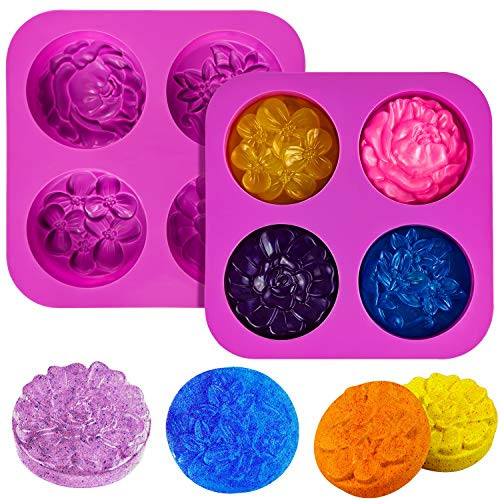 Palksky (2pcs) 4Cavity Flower Soap Silicone Mold/Large Round Process Soap Mold/Handmade Shower Steamer Molds for Bath Bomb, Beeswax, Lotion Bars