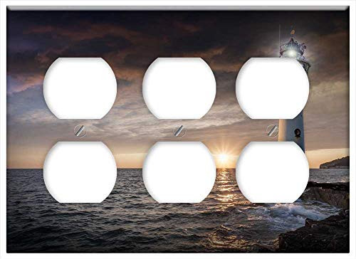 Triple Duplex Outlet Wall Plate Cover - Lighthouse Glow Evening Clouds Sunset Ocean Sea Triple Duplex Outlet Wall Plate Cover - Lighthouse Glow Evening Clouds Sunset Ocean Sea