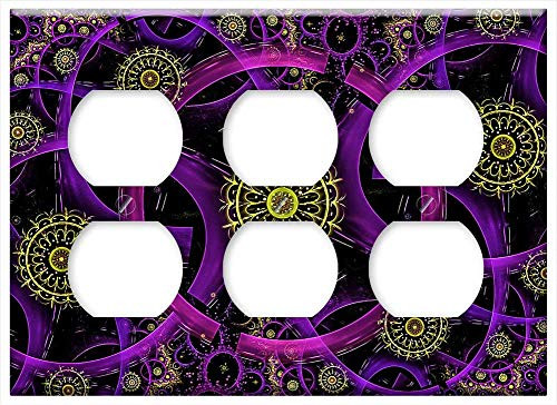 Triple Duplex Outlet Wall Plate Cover - Fractal Neon Rings Geometric Pattern Circles Glow