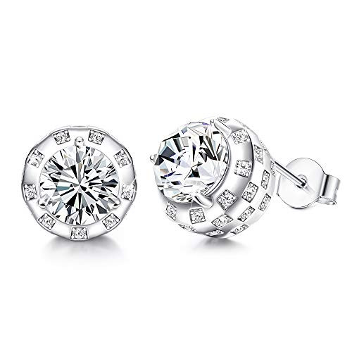 Sllaiss Round Halo Stud Earrings CZ Stud Earrings White Gold Plating Cubic Zirconia Stud Earrings For Men Women Jewelry Gift