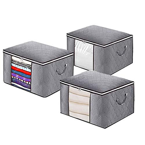 Foldable Clothing Storage Bags Organizer with Reinforced Handle Thick Fabric, Storage Containers for Clothes, Blankets, Pillows Foldable with Sturdy Zipper, Clear Window, 3 Pack (Grey, 90L)