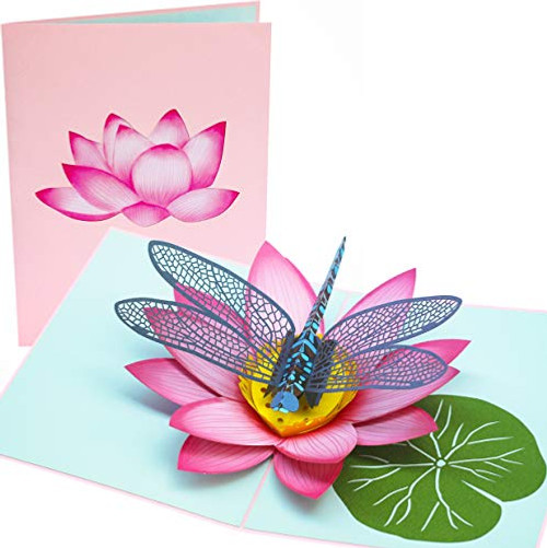 PopLife Blue Dragonfly and Lotus 3D Pop Up Card - Mother's Day, Valentine's Day, Birthday, Thank you, Get Well - for Friend, for Wife, for Grandma, for Daughter, for Girlfriend