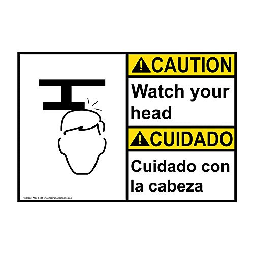 Caution Watch Your Head - Cuidado Con La Cabeza ANSI Safety Label Sticker Decal, 10x7 in. Vinyl for Industrial Notices by ComplianceSigns