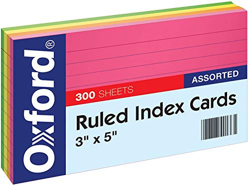 Oxford Neon Index Cards, 3" x 5", Ruled, Assorted Colors, 300 Per Pack
