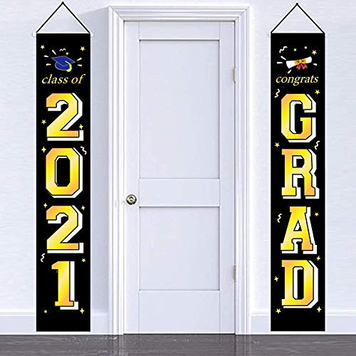 Graduation Party Supplies 2021 Graduation Decorations 2021 Porch Sign Banner Door Decorations 2021 Graduation Banners Black Gold Class of 2021 Congrats Grad Door Porch Sign Outdoor Home Door Decor