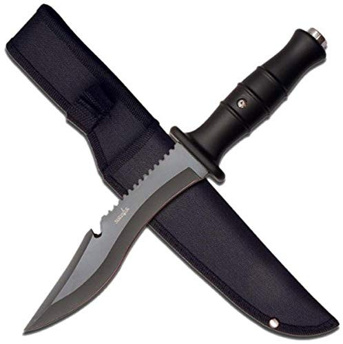 Survivor HK-731BK Outdoor Fixed Blade Knife, Black Blade with Sawtooth Back, Black Rubber Handle, 12-Inch Overall