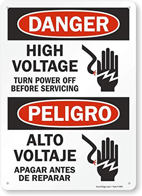 Smartsign S-1169-B-PL-14"Danger: High Voltage Turn Off Before Servicing" Plastic Sign, Bilingual with Graphic, 14" x 10", Black/Red on White