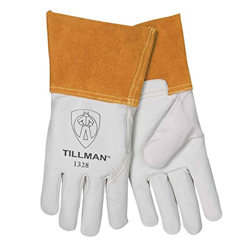 John Tillman and Co Tillman Large 13" Pearl and Gold Top Grain Goatskin Unlined TIG Welders Gloves with 4" Cuff and Kevlar Thread Locking Stitch (Carded), 1328L
