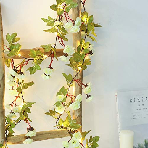 Simulation Rose String Lights Hanging Vines Plant Garland Silk Artificial Flower Vines Light Battery Powered for Home Garden Wedding Party Decor (White 69head)