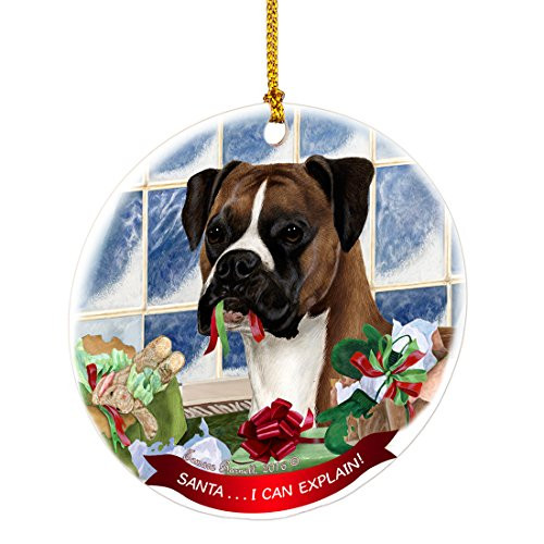 Boxer Fawn Santa I Can Explain Happy Howliday Round White Porcelain Hanging Ornament