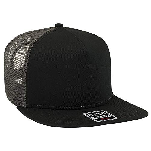 Otto Square Flat Visor SNAP 5 Panel Mesh Back Trucker Snapback Hat - Blk/Blk/Ch.Gry