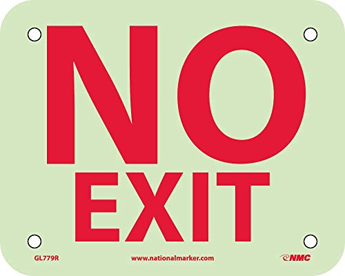 NMC GL779R NO EXIT Sign  5 in. x 4 in. 6 Hour Glow Plastic Fire Safety Sign with Red on Glow Yellow